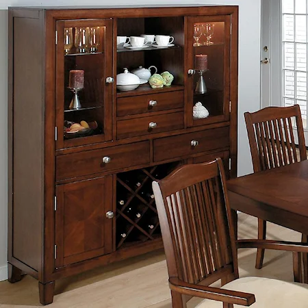China Cabinet with 3 Lights, 4 Drawers, 4 Doors, & Wine Rack